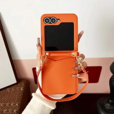 Imagem de Capa de luxo para celular Samsung Galaxy Z Flip 3 4 5 6 5g Flip6 com compartimentos para cartões e alça de mão (para Samsung Z Flip 4/Laranja)