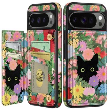 Imagem de Shorogyt Capa carteira para Google Pixel 10 Pro XL com suporte para cartão - Design de flor de gato com suporte para fecho magnético traseiro Flip Folio Capas de telefone de couro para Pixel 10 Pro XL