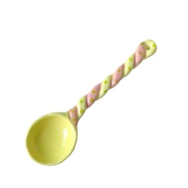 Imagem de Concha de sopa 2 colheres pequenas cerâmicas coloridas dos pces com punho curto torcido do design, para sobremesa ou sopa, colher de serviço bonito(Yellow)
