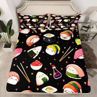 Imagem de jejeloiu Jogo de lençol Queen fofo com estampa kawaii de bola de arroz kawaii, estilo japonês, tema alimentar, para meninos, meninas, adolescentes, lençol com elástico, lençol com elástico para