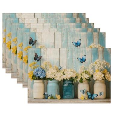 Imagem de Jogo americano de pano, conjunto de 6 jogos americanos rústicos de tecido de flor, tapetes de mesa de madeira laváveis, tapetes decorativos para jantar, casa, cozinha, festas de fim de ano, 29 x 44 cm