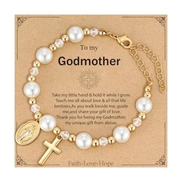 Imagem de Fervia Presentes Católicos Virgem Maria Cruz Rosário Pulseira de Pérola para Mulheres Confirmação Primeira Comunhão Batismo Joias Religiosas Cristãs Presente, Adjustable, Pérola