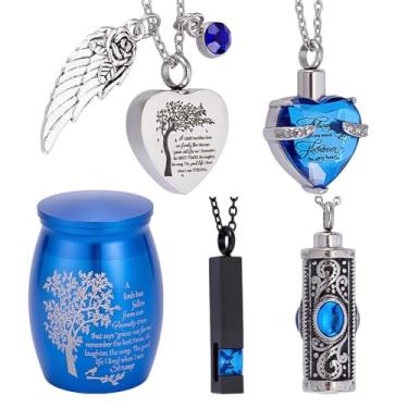 Imagem de AHANDMAKER 5 unidades de colar de urna para cinzas, colares de lembrança de cremação de aço inoxidável, recipiente pequeno para animais de estimação, cinzas, coração, coluna, cubóide, joia memorial