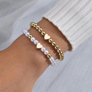 Imagem de Pulseiras femininas com contas de coração e pérolas douradas empilháveis em camadas, presentes de joias, Medium, Latão, Sem Pedra Preciosa
