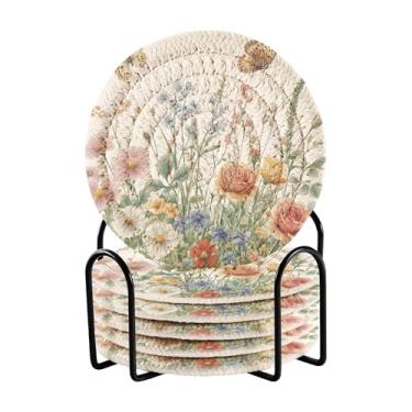 Imagem de SEHANY Elegante conjunto de 6 porta-copos de flores de borboleta com suporte, porta-copos redondos absorventes de algodão resistente ao calor para mesa de jantar, canecas de café, 10 cm