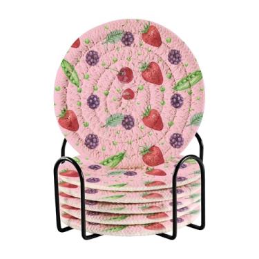 Imagem de SEHANY Conjunto de 6 porta-copos fofos de morango com suporte, porta-copos redondos absorventes de algodão resistente ao calor para mesa de jantar, canecas de café, proteção de copos, 10 cm