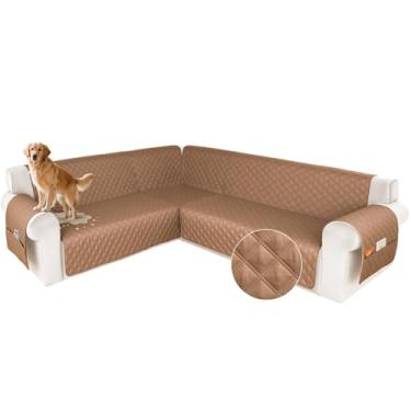 Imagem de HDCAXKJ Capa de sofá secional à prova d'água em forma de L, capas de canto laváveis, à prova de animais de estimação, protetor de móveis em forma de U com tiras antiderrapantes atualizadas (GG, café