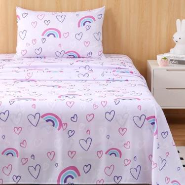 Imagem de Swiftify Jogo de lençol solteiro infantil, com corações de arco-íris, roxo, jogo de cama de 3 peças para meninos e meninas, roupa de cama macia de microfibra escovada, bolso profundo, resistente a