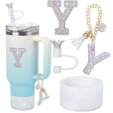 Imagem de LA KEN DU Berloques de letras para alça de copo Stanley, acessórios de bota de silicone para Stanley Cup 1,134 g 850 g, cobertura de palha de coroa e adesivo de diamante (Y)