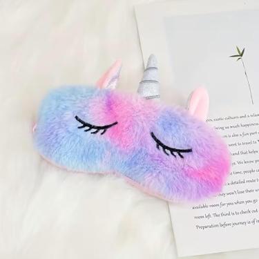 Imagem de Máscara de olho de unicórnio fofa, macia e confortável de pelúcia bordada com bloqueio de luz, máscara de dormir para pausa de almoço e soneca, roxa