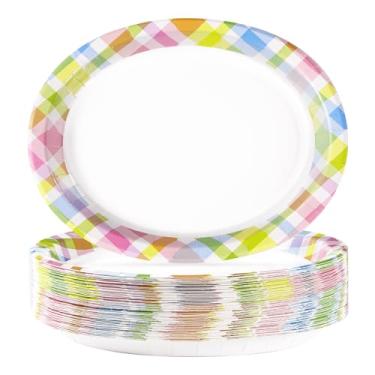 Imagem de 50 peças de pratos ovais de papel de Páscoa, 25,4 x 30,5 cm, grandes, descartáveis, resistentes, coloridos, xadrez, búfalo, páscoa, xadrez, pratos de sobremesa, arco-íris, para festas de fim de ano,