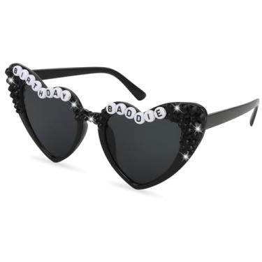 Imagem de BAHABY Óculos de sol de coração BIRRHDAY BADDIE para mulheres, meninas, para lembrancinhas de festa de aniversário, Preto, 5.9* 2.45 inch