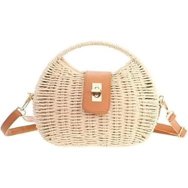 Imagem de Bolsa de Praia em Palha Trançada, Design Boho Estruturado, Forrada com Alça de Couro Sintético, 23x19x9cm, para Verão e Passeios (Bege)