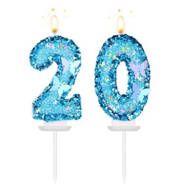 Imagem de Velas com números de aniversário, 7,5 cm/2,95 pol. Toppers de bolo de aniversário de borboleta azul numerais de casamento, decorações de cupcake para artigos de festa de aniversário (20)