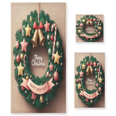 Imagem de Qilmy Conjunto de toalhas de enfeite de guirlanda de Natal de 3 peças, conjunto de toalhas decorativas de banheiro macio absorvente com toalha de banho, toalha de mão e toalha de banho