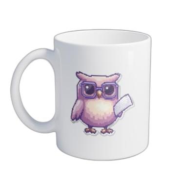 Imagem de Caneca Xícara de Café Porcelana 300ml Design Coruja Rosa Pixelada