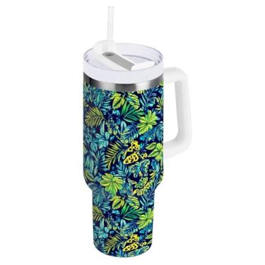 Imagem de ODAWA Copo isolado azul escuro selva tropical de 850 g com alça e canudo, copo com isolamento duplo