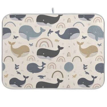 Imagem de Tapetes absorventes de secagem de pratos para balcão de cozinha, tapete de barra de café de microfibra arco-íris de baleia, prato reversível, escorredor de pratos, tapete de bancada de cozinha, 40 x