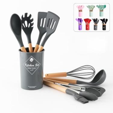 Imagem de Kit 12 Utensílios de Cozinha em Silicone com Cabo de Madeira, Antiaderente, Resistente ao Calor, Cores Sortidas