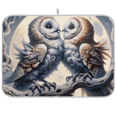 Imagem de Tapete de secagem de pratos cinza coruja lua, 40,6 x 45,7 cm, escorredor de pratos, microfibra para café, protetor de bancada de cozinha