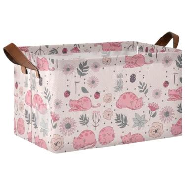 Imagem de Organizador de roupas de armário para armazenamento de cobertores, cestas decorativas dobráveis para decoração de casa com alças, flores, gatos, caixas de armário rosa 42 x 27 x 25 cm, 1 pacote