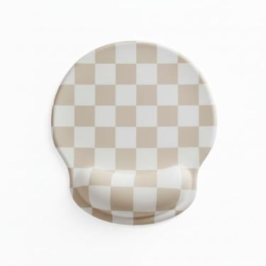 Imagem de Ohocut Mouse pad xadrez branco bege com descanso de pulso em gel, suporte de pulso, acessórios ergonômicos de mesa para mulheres, decoração de jogos de laptop de escritório, design bonito e estético
