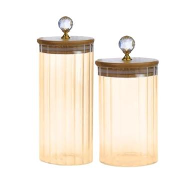 Imagem de Kit de potes Herméticos de vidro Canelado Âmbar Cristal com tampa de Bambu (KIT DE 2 POTES MG)