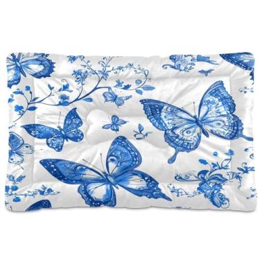Imagem de Wassud Cama de cachorro azul com borboletas intrincadas ao ar livre para cães pequenos, lavável, impermeável, para viagem, animais de estimação, cama portátil para gatos com fundo antiderrapante para