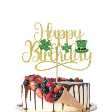 Imagem de Crseniny St. Patrick's Day Birthday Cake Topper， Green Glitter Lucky Four Leaf Clover Shamrock Happy Birthday Cake Decorations,St.Patrick's Day Theme Party Supplies (Gold)