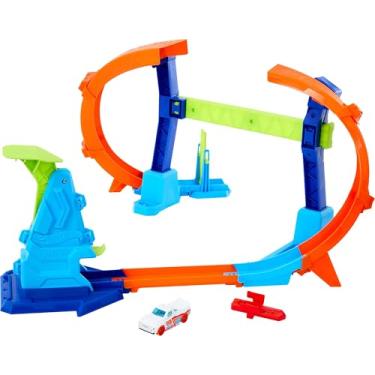 Imagem de Hot Wheels Pista Campeão de Salto Corkscrew, Conjunto de Corrida com 3 Desafios, Drift e Acrobacias, Azul, JFH36, com Veículo Hot Wheels e Acessórios