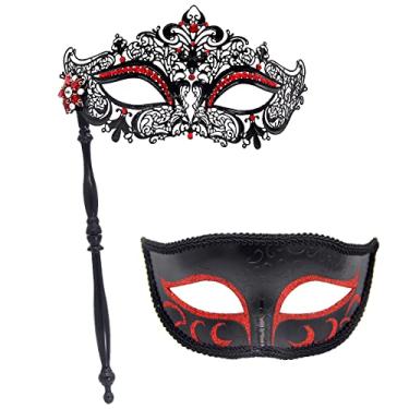 Imagem de IETANG Máscara de casal meia máscara veneziana baile de máscaras acessório de fantasia de festa (no bastão B-preto e vermelho)