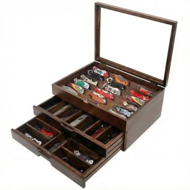 Imagem de AUTOARK O estojo de exibição de facas comporta mais de 43 facas, organizador de madeira grande de 3 camadas com tampa de vidro e gaveta, presente para homens, nogueira, AHK-072