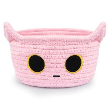 Imagem de Hkojewp Cesta de armazenamento pequena para gatos, cesta de tecido de corda de algodão rosa para berçário com orelhas, cestas organizadoras de brinquedos para presente, brinquedos para cães e gatos