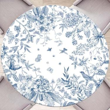 Imagem de Butaluk Toalha de mesa redonda de pássaros e flores com borda elástica, impermeável, lavável, azul, para mesa de 91,4 a 101,6 cm, capa de mesa redonda para cozinha, jantar, piquenique, decoração de