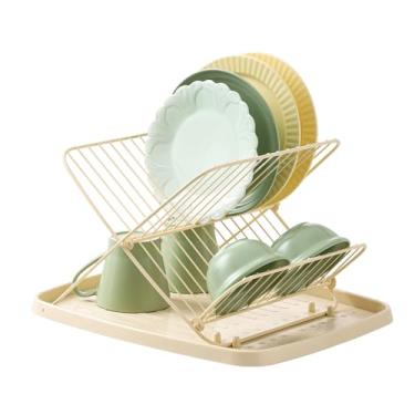 Imagem de XingXiuSis Escorredor de louça dobrável com bandeja coletora escorredor de pratos dobrável para balcão de cozinha, escorredores de pratos dobráveis de 2 camadas para fio expansível de grande