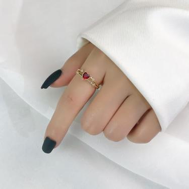 Imagem de 1 anel impressionante em forma de coração de zircão vermelho perfurado em cobre banhado a ouro, adequado para uso diário feminino