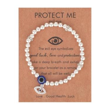 Imagem de Mikovivi Pulseira Olho Grego para Mulher, Pulseira da Sorte com Contas de Olho Grego com Cartão Joia de Proteção para Amiga Aniversário Reforma (Prata)