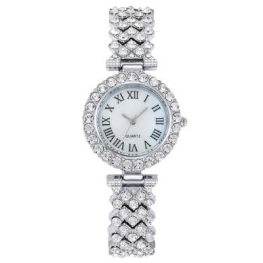 Imagem de RORIOS Relógio feminino moderno com detalhes de cristal, pulseira de metal, elegante relógio de pulso de quartzo para uso diário, Prata, L, Elegante