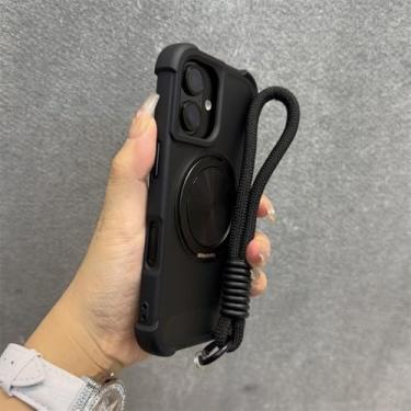 Imagem de Capa com suporte giratório 360° para iPhone 13, 12, 14, 15, 16 Pro Max, 14, 15, 16 Plus, capa anti-impacto com airbag e alça de pulso, preta, para iPhone 14