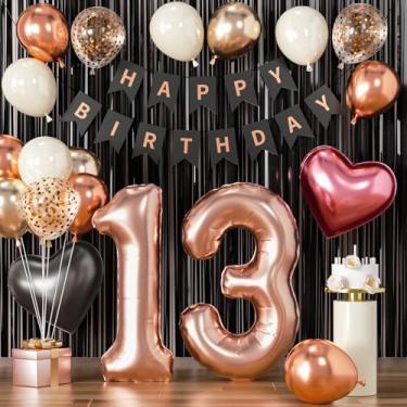 Imagem de Decorações de aniversário de 13 anos para meninas, ouro rosa e preto, balões de ouro rosa e preto, bandeira feliz 13 em ouro rosa, balão número 13 para festa de aniversário de 13 anos, suprimentos de