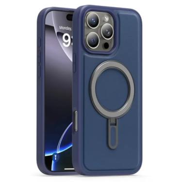 Imagem de SFDSUH Capa dobrável com suporte, carregamento sem fio, em couro PU, com ímã e à prova de choque para iPhone 16 Pro Max (Azul Escuro)