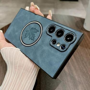 Imagem de HJZSZX Capa magnética retrô de couro fosco para Samsung S25, capa à prova de choque com carregamento sem fio (para Samsung S25/azul)