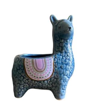Imagem de SJBAG Vaso de suculentas de cerâmica em forma de lhama com orifícios de drenagem, vaso de animais pintado à mão para cactos e suculentas internos, decoração de casa exclusiva e presente (azul escuro