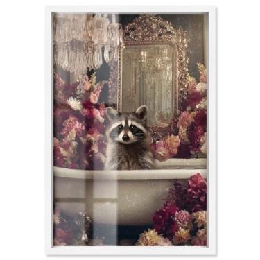 Imagem de Guaxinim em Magnificent Floral Tub Shadowbox Print Bathroom Wall Art por Art Remedy, Moldura Branca, 28 x 40 cm