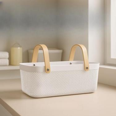 Imagem de Cesto Organizador de Plástico com Alça de Bambu – Multiuso para Cozinha e Banheiro(RETANGULAR BRANCO)
