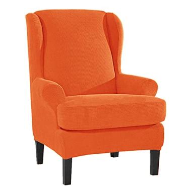 Imagem de BAGASI Capa de cadeira elástica com asa de jacquard, 2 peças, capa antiderrapante para móveis, capa de poltrona lavável para sala de estar com fundo elástico, laranja