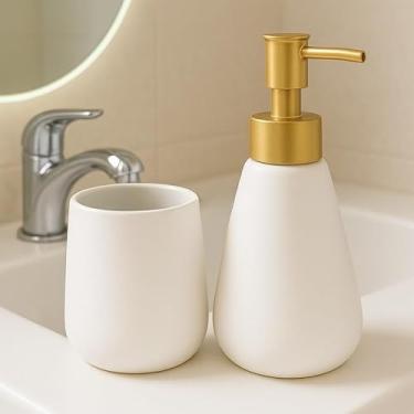 Imagem de Kit Banheiro Lavabo em Cerâmica com Dispenser para Sabonete Líquido e Porta Escova de Dente Decorativo(GOTA BRANCO C/DOURADO)