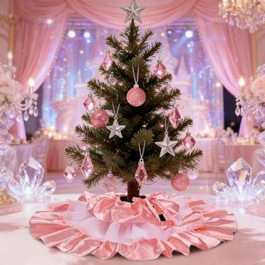 Imagem de yuboo Saia de árvore de Natal de tule rosa blush de 61 cm, saia pequena com babados para árvores de mesa, ornamentos elegantes para decoração de árvore de Natal