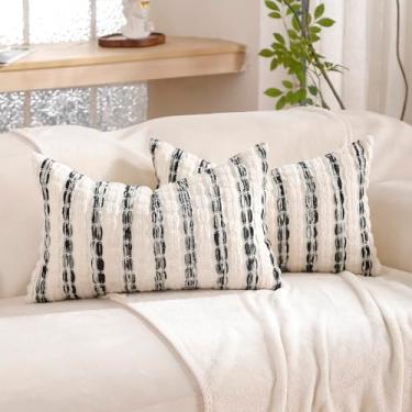 Imagem de Yamminess Conjunto de 2 capas de travesseiro listradas azuis de chenille para sofá, sofá-cama, sala de estar, decoração de inverno.