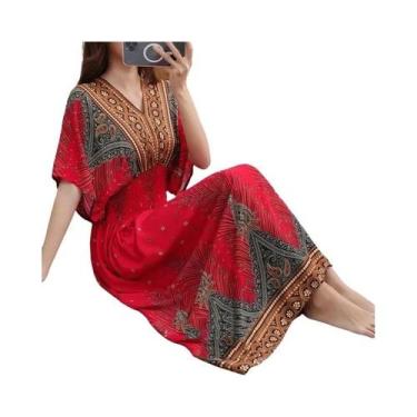 Imagem de Vestido Midi Vintage Boêmio Floral Com Decote Em V E Cintura Elástica 